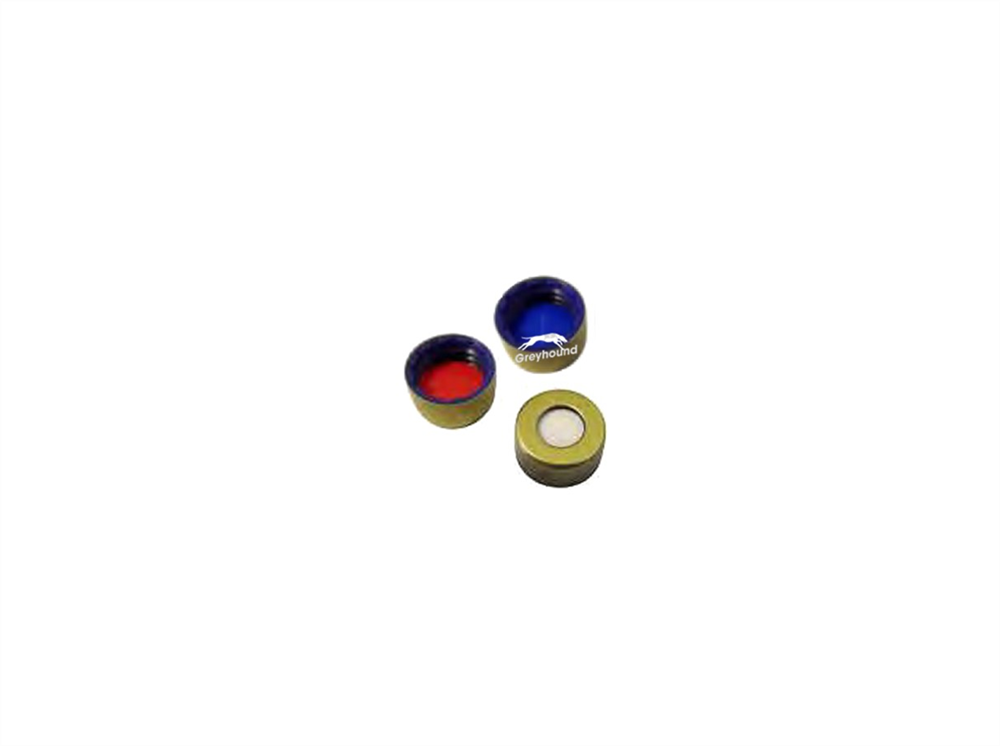 Picture of 9mm Magnetic Open Top Screw Cap, Blue, with Gold Cover and PTFE/Natural Rubber Septa, 1mm, (Shore A 60)